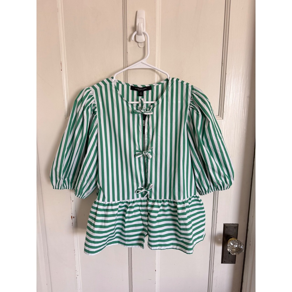 NWT Marc New York green & white striped puff sleeve tie front top size medium